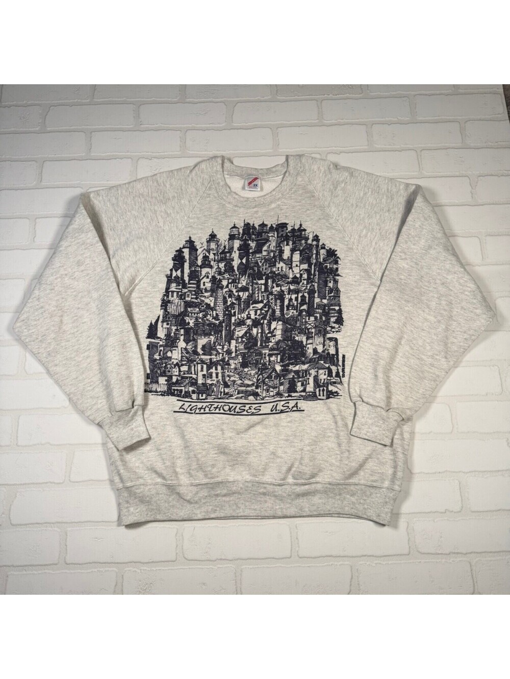 Vintage 90s Lighthouses of USA Art Graphic Crewneck Sweatshirt Size 2XL Gray